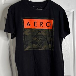 Aeropostale Black Tee with Orange and Camouflage Graphic